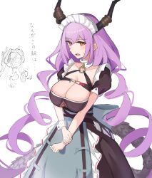 Rule 34 | 2girls, 8ka43, absurdres, apron, arknights, black dress, black horns, blush, breasts, cleavage, cowboy shot, dress, embarrassed, highres, horns, large breasts, long hair, looking at viewer, maid, maid headdress, multiple girls, open mouth, orange eyes, purple hair, simple background, standing, typhon (arknights), valarqvin (arknights)