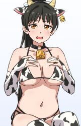 Rule 34 | 1girl, animal ears, animal print, bare shoulders, bell, bikini, black hair, breasts, collarbone, cow ears, cow horns, cow print, cow print bikini, cowbell, ear tag, elbow gloves, fake animal ears, fake horns, gloves, hazuki ren, high ponytail, horns, jewelry, large breasts, light blush, long hair, looking at viewer, love live!, love live! superstar!!, navel, neck bell, open mouth, partially fingerless gloves, ponytail, print bikini, ring, sitting, solo, swimsuit, thighhighs, turkey min, white background, yellow eyes