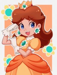 Rule 34 | 1girl, blue eyes, brown hair, clenched hand, crown, dress, earrings, flexing, flower earrings, gloves, jewelry, mario (series), nintendo, open mouth, orange dress, princess daisy, short sleeves, solo, super mario land, teeth, upper teeth only, user nvmu4285, white gloves