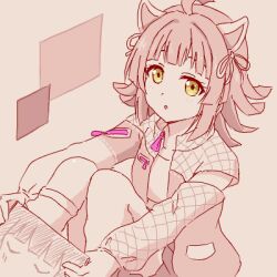 Rule 34 | 1girl, :o, ahoge, animal ears, blunt bangs, blunt ends, cat ears, clothing cutout, commentary request, drawing, greyscale, growth170, hair ribbon, holding, holding paper, jacket, leg warmers, long sleeves, looking at viewer, love live!, love live! nijigasaki high school idol club, lowres, medium hair, monochrome, paper, partially colored, ribbon, rina-chan board, shoulder cutout, sidelocks, sitting, solo, tennoji rina, yellow eyes