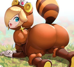 Rule 34 | 1girl, all fours, animal costume, ass, blonde hair, blue eyes, blush, boots, breasts, crown, earrings, from behind, gloves, gonzarez, hair over one eye, highres, huge ass, jewelry, large breasts, long hair, looking at viewer, looking back, mario (series), nintendo, open mouth, rosalina, shiny clothes, sideboob, skin tight, smile, solo, super mario 3d world, tanuki, tanuki costume
