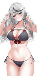 Rule 34 | 1girl, absurdres, bikini, black bikini, bow, breasts, closed mouth, grey hair, groin, hair ornament, hairclip, hands in hair, hands up, highres, hololive, large breasts, long hair, looking at viewer, multicolored hair, nail polish, navel, oidoden2535, plaid, plaid bow, red eyes, red nails, sakamata chloe, side-tie bikini bottom, simple background, smile, solo, stomach, streaked hair, swimsuit, thigh gap, thighs, virtual youtuber, wet, wet hair, white background, x hair ornament