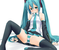 Rule 34 | 1girl, angry, aqua eyes, aqua hair, arm support, bad id, bad pixiv id, black thighhighs, blouse, boots, detached sleeves, eto, female focus, green panties, hatsune miku, headset, leaning back, long hair, necktie, panties, shirt, simple background, sitting, skirt, sleeveless, solo, spread legs, striped clothes, striped panties, tears, thigh boots, thighhighs, twintails, underwear, very long hair, vocaloid, white background, wide spread legs
