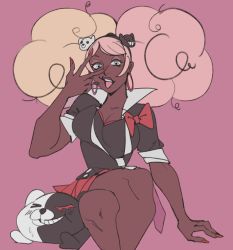Rule 34 | 1girl, 1mascot, afro, afro puffs, bear hair ornament, black hairband, black headband, black headwear, blonde hair, blue eyes, bow, bowtie, breasts, cleavage, collarbone, danganronpa (series), danganronpa another episode: ultra despair girls, dark-skinned female, dark skin, earrings, eyebrows, eyebrows hidden by hair, fake nails, fingernails, gurugurugravity, hair ornament, hairband, headband, headwear request, highres, hoop earrings, jewelry, jojo reference, knees, large breasts, long eyelashes, long hair, looking at viewer, monokuma, nail polish, necktie, open mouth, pink background, red bow, red nails, red skirt, second generation enoshima junko, sharp nails, simple background, skirt, teeth, tongue, tongue out, upper teeth only, white neckwear
