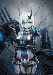 Rule 34 | 1girl, absurdres, against wall, armor, asymmetrical bangs, asymmetrical clothes, bare shoulders, belt, black gloves, black sclera, black thighhighs, blue eyes, breastplate, breasts, cannon, capsule, clenched hand, closed mouth, collar, colored sclera, cowboy shot, crevice, dark persona, elbow gloves, enemy vessel (warship girls r), expressionless, garter straps, gears, gloves, hair over shoulder, highres, horns, large breasts, looking at viewer, low ponytail, machinery, midriff, miniskirt, revealing clothes, rodney (warship girls r), short hair, shoulder pads, silver hair, single horn, skirt, solo, thighhighs, turret, warship girls r, white skirt, xiaoyin li