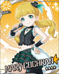 Rule 34 | 10s, 1girl, aqua eyes, artist request, bandai namco, blonde hair, blunt bangs, boots, card (medium), character name, child, choker, eyelashes, fingernails, flat chest, frills, hat, idolmaster, idolmaster cinderella girls, long fingernails, long hair, looking at viewer, low twintails, mary cochran, microphone, mini hat, navel, official art, skirt, sleeveless, smile, solo, twintails, wrist cuffs