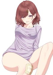 Rule 34 | 1girl, bandaid, bandaid on knee, bandaid on leg, bare legs, blush, brown hair, commentary request, hair ornament, hairclip, highres, higuchi madoka, idolmaster, idolmaster shiny colors, knee up, long sleeves, looking at viewer, mole, mole under eye, purple eyes, purple shirt, ryouta (ryouta335), shirt, short hair, simple background, sitting, solo, thighs, white background