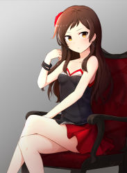 Rule 34 | 1girl, absurdres, bare shoulders, basa rutan, black shirt, blush, breasts, brown eyes, brown hair, chair, closed mouth, collarbone, crossed legs, earrings, flower, gradient background, grey background, hair flower, hair ornament, highres, idolmaster, idolmaster million live!, jewelry, kitazawa shiho, long hair, looking at viewer, on chair, red flower, red skirt, shirt, sitting, skirt, small breasts, solo, strapless, very long hair