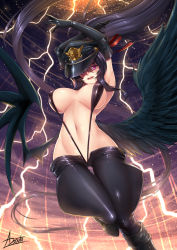 Rule 34 | 1girl, adsouto, angel wings, bat wings, black hair, black wings, blush, boots, breasts, chocolate misu, chocolate misu (cosplay), cleavage, cosplay, demon wings, feathered wings, grin, hair ribbon, hat, high school dxd, highres, himejima akeno, large breasts, large wings, lightning, long hair, looking at viewer, midriff, navel, police hat, ponytail, purple eyes, revealing clothes, ribbon, smile, solo, thigh boots, thigh gap, thighhighs, underboob, very long hair, wings