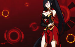 Rule 34 | arc system works, bare shoulders, black bra, black hair, blazblue, blazblue: calamity trigger, bra, breasts, china dress, chinese clothes, cleavage, cleavage cutout, clothing cutout, dress, glasses, highres, large breasts, lingerie, litchi faye ling, long hair, ponytail, purple eyes, solo, underwear, wallpaper