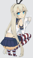 Rule 34 | 10s, 1girl, ass, bad id, bad pixiv id, blonde hair, blue eyes, coffee mug, cup, elbow gloves, gloves, hairband, highres, kantai collection, long hair, mug, sailor collar, shimakaze (kancolle), solo, squatting, striped clothes, striped thighhighs, tear tear0320, thighhighs, thong, very long hair