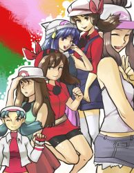 Rule 34 | 00s, 6+girls, bandana, baseball cap, beanie, bike shorts, black shorts, blue hair, blue overalls, breasts, brown eyes, brown hair, bucket hat, closed eyes, collared jacket, collared shirt, commentary, creatures (company), dawn (pokemon), denim, denim shorts, dress, english commentary, game freak, green background, hair between eyes, hair ornament, hat, hilda (pokemon), holding, holding clothes, holding hat, holding poke ball, jacket, kris (pokemon), leaf (pokemon), long hair, long sleeves, lyra (pokemon), may (pokemon), medium breasts, multicolored background, multiple girls, nintendo, one eye closed, open mouth, overalls, parted bangs, poke ball, pokemon, pokemon bw, pokemon dppt, pokemon frlg, pokemon gsc, pokemon hgss, pokemon rse, red background, red dress, red headwear, red shirt, red skirt, roarke (lavenderincubus), scarf, shirt, short sleeves, shorts, skirt, sleeveless, smile, tank top, tareme, thighhighs, v, white headwear, white jacket, white scarf, white shirt, wink