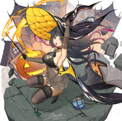 Rule 34 | 1girl, arknights, arm up, artist name, black gloves, black hair, black thighhighs, blunt bangs, blush, breasts, cleavage, collarbone, dress, elbow gloves, fake wings, fang, floating hair, full body, furrowed brow, garter belt, gloves, green eyes, halloween, hat, high heels, itoucon, jessica (arknights), lace, lace-trimmed legwear, lace trim, large breasts, lips, lipstick, long hair, looking at viewer, makeup, multicolored hair, open mouth, pink hair, pumpkin, revealing clothes, see-through, sharp teeth, short dress, sideboob, signature, sleeveless, sleeveless dress, solo, squatting, surprised, teeth, thighhighs, thighs, two-tone hair, underwear, wand, watch, wings, witch hat