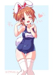 1girl ;d abe_nana animal_ears breasts brown_eyes emu_(trigger) fake_animal_ears fake_tail heart idolmaster idolmaster_cinderella_girls medium_breasts name_tag one-piece_swimsuit one_eye_closed open_mouth orange_hair ponytail rabbit_ears rabbit_tail school_swimsuit smile solo swimsuit tail thigh_gap thighhighs white_thighhighs