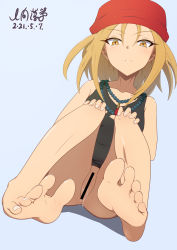 Rule 34 | 1girl, anus, bandana, bar censor, barefoot, bead necklace, beads, black dress, blonde hair, bottomless, censored, dress, feet, hands on own knees, highres, jewelry, knees up, kyouyama anna, long hair, looking at viewer, necklace, pussy, shaman king, signal dead, simple background, sitting, yellow eyes