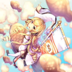Rule 34 | 1girl, blonde hair, blue sky, blurry, blurry background, brown eyes, commentary request, drill hair, flag, flying, food, food fantasy, from above, highres, index (toaru majutsu no index), long hair, looking at viewer, open mouth, riding, school uniform, serafuku, shennai misha, shoes, sky, solo, taiyaki, taiyaki (food fantasy), thighhighs, wagashi, white thighhighs