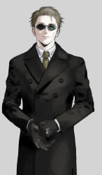 Rule 34 | 1boy, absurdres, animal print, black coat, black gloves, coat, collared shirt, expressionless, formal, gloves, goggles, grey background, high collar, highres, jujutsu kaisen, leopard print, long sleeves, looking at viewer, male focus, nanami kento, necktie, okusawa, shirt, short hair, solo, suit, upper body, white shirt, yellow necktie