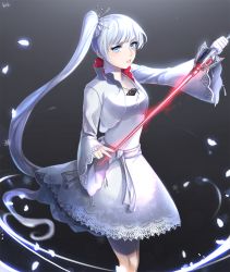 Rule 34 | 1girl, blue eyes, dress, earrings, high collar, jacket, jewelry, kkkok  a, lace, lace-trimmed skirt, lace trim, left-handed, long hair, necklace, rwby, scar, scar across eye, scar on face, side ponytail, skirt, solo, sword, very long hair, weapon, weiss schnee, white hair