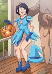 Rule 34 | 1boy, 1girl, absurdres, aftersex, age difference, blush, boku no hero academia, cleft of venus, condom, condom wrapper, cosplay, flat chest, full body, halloween, hand on another&#039;s head, happy, hat, hetero, highres, jack-o&#039;-lantern, jirou kyouka, looking at another, no panties, ojamajo doremi (cosplay), open mouth, outdoors, penis, porch, pussy, pussy juice, saliva, shoes, short hair, size difference, skirt, solo focus, standing, the dark mangaka, tile floor, tiles, tomboy, used condom, witch hat