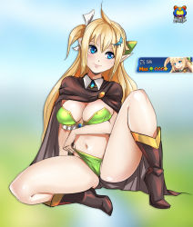 Rule 34 | 1girl, absurdres, armor, artist request, blonde hair, blue eyes, breasts, cleavage, elf, epic seven, full body, green armor, hair ribbon, highres, large breasts, long hair, pointy ears, ribbon, silk (epic seven), sitting, smile, solo