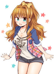 Rule 34 | 10s, 1girl, :3, :d, aqua eyes, blush, bow, bracelet, breasts, brown hair, casual, cleavage, clothes writing, hair bow, hino akane (idolmaster), idolmaster, idolmaster cinderella girls, jacket, jewelry, open clothes, open jacket, open mouth, plaid, pocket, ponytail, short shorts, shorts, sleeves rolled up, smile, solo, tsukudani norio