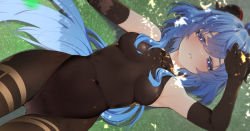 Rule 34 | 1girl, ahoge, armpits, arms up, black gloves, black legwear, black leotard, blue hair, blush, bodystocking, bodysuit, breasts, covered navel, elbow gloves, ganyu (genshin impact), genshin impact, gloves, gluteal fold, grass, hand on own face, knee up, leotard, leotard under clothes, long hair, looking at viewer, lying, medium breasts, nigo (aozoragarou), no shoes, on back, outdoors, parted lips, purple eyes, sidelocks, sleeveless, solo, thighlet, thighs, tree shade