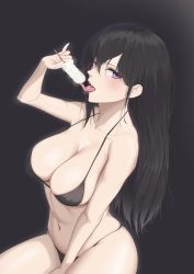 Rule 34 | 1girl, absurdres, bikini, black background, black bikini, black hair, breasts, cleavage, collarbone, commentary, covered erect nipples, fellatio gesture, food, from side, hand up, highres, large breasts, long hair, looking at viewer, navel, nmi, original, phallic symbol, pinky out, popsicle, popsicle stick, purple eyes, revision, sexually suggestive, sitting, solo, stomach, straight hair, strap gap, swimsuit, thighs