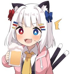 Rule 34 | 1girl, :d, ^^^, alcohol, animal ear fluff, animal ears, beer, beer mug, black vest, blue bow, blue eyes, blush, bow, cat ears, cat girl, cat tail, collared shirt, commentary request, cup, drawstring, fangs, hair bow, hair ornament, hairclip, heterochromia, highres, holding, holding cup, hood, hood down, hooded jacket, jacket, looking at viewer, mug, muku (muku-coffee), multiple tails, necktie, open clothes, open jacket, open mouth, original, pink jacket, red bow, red eyes, shirt, simple background, smile, solo, sweat, tail, two tails, upper body, vest, white background, white shirt, yellow necktie