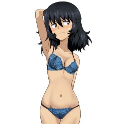 Rule 34 | 1girl, andou (girls und panzer), arm behind back, arm behind head, arm up, armpits, averting eyes, black eyes, black hair, blush, bow, bow bra, bow panties, bra, breasts, brown eyes, closed mouth, commentary request, commission, cowboy shot, dark-skinned female, dark skin, embroidered bra, embroidered panties, frown, girls und panzer, kayabakoro, medium breasts, medium hair, messy hair, navel, panties, partial commentary, pixiv commission, simple background, solo, standing, string panties, thigh gap, underwear, underwear only, white background