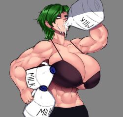 Rule 34 | 1girl, 2020, abs, avis (strangehero), bottle, bra, breasts, carrying, carrying under arm, clenched hands, collarbone, commentary, drinking, dripping, english commentary, eyeshadow, female focus, green eyes, green hair, grey background, halterneck, highres, holding, holding bottle, huge breasts, jug (bottle), looking up, messy hair, milk, muscular, muscular female, original, parted bangs, purple eyeshadow, short hair, shorts, simple background, solo, strangehero, underwear, upper body