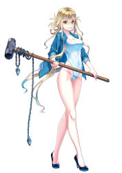 Rule 34 | 1girl, bad id, bad pixiv id, blonde hair, breasts, cleavage, covered navel, full body, hamada youho, hammer, high heels, highres, holding, holding weapon, jacket, long hair, looking at viewer, one-piece swimsuit, pumps, simple background, sledgehammer, smile, solo, swimsuit, track jacket, very long hair, weapon, white background, yellow eyes