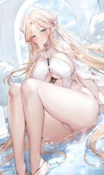 Rule 34 | 1girl, arch, azur lane, bare legs, blonde hair, blue eyes, blush, breasts, brest (azur lane), brest (marine muse) (azur lane), clothing cutout, dress, dutch angle, feet out of frame, hair ribbon, highres, knees up, large breasts, long hair, looking at viewer, parted bangs, parted lips, pointy ears, revealing clothes, ribbon, sitting, solo, sora 72-iro, sparkle, water, white dress, white ribbon
