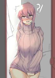Rule 34 | 1girl, absurdres, beige sweater, bottomless, breasts, clothes pull, embarrassed, hair between eyes, highres, indoors, large breasts, open clothes, pink hair, ponytail, red eyes, suraya (z666ful), sweater, sweater pull, thighs, z666ful