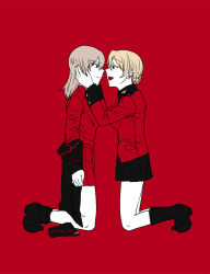 Rule 34 | 2girls, ankle boots, black footwear, black headwear, black jacket, black skirt, blonde hair, blue eyes, boots, braid, closed mouth, clothes pull, commentary, darjeeling (girls und panzer), dress shirt, epaulettes, from side, frown, garrison cap, girls und panzer, half-closed eyes, hands on another&#039;s head, hat, insignia, itsumi erika, jacket, jacket pull, kneeling, kuromorimine military uniform, long hair, long sleeves, looking at another, military, military hat, military uniform, miniskirt, multiple girls, open clothes, open jacket, open mouth, pleated skirt, red background, red jacket, red shirt, red skirt, red theme, shirt, short hair, silver hair, simple background, skirt, smile, st. gloriana&#039;s military uniform, torinone, uniform, unworn hat, unworn headwear, yuri