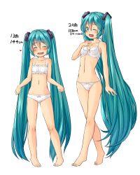 Rule 34 | 2girls, absurdres, barefoot, blush, bow, bow bra, bow panties, bra, breasts, cleavage, dual persona, closed eyes, full body, green eyes, green hair, hatsune miku, highres, kitsunerider, long hair, multiple girls, navel, one eye closed, open mouth, panties, ribbon, small breasts, smile, transparent background, twintails, underwear, underwear only, very long hair, vocaloid, white bra, white panties, aged down
