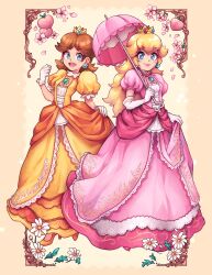 Rule 34 | 2girls, :d, akuo, aqua eyes, blonde hair, blue eyes, blush, border, breasts, brooch, brown hair, closed mouth, crown, daisy, dress, earrings, elbow gloves, flipped hair, flower, flower brooch, food, frilled dress, frills, fruit, full body, gem, gloves, hair between eyes, high heels, highres, holding, holding umbrella, jewelry, lips, long dress, long hair, looking at viewer, mario (series), medium breasts, mini crown, multiple girls, nintendo, official alternate costume, open mouth, outside border, parasol, parted bangs, peach, pink dress, pink flower, pink lips, princess daisy, princess peach, puffy short sleeves, puffy sleeves, shoes, short sleeves, skirt hold, smile, sphere earrings, standing, super mario bros. 1, super mario land, super smash bros., teeth, tongue, umbrella, upper teeth only, white gloves, yellow background, yellow dress