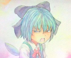 Rule 34 | 1girl, acrylic paint (medium), blue eyes, blue hair, bow, cirno, gradient background, graphite (medium), hair bow, half-closed eyes, looking at viewer, matching hair/eyes, open mouth, painting (medium), ribbon, solo, touhou, traditional media, upper body, watercolor (medium), wings, yuyu (00365676)
