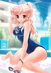 Rule 34 | 1girl, adjusting hair, bad id, bad pixiv id, chain-link fence, cloud, day, fence, glasses, goggles, unworn goggles, green eyes, hip focus, hyenamor, long hair, looking at viewer, one-piece swimsuit, open mouth, original, outdoors, pink hair, ponytail, pool, poolside, school, school swimsuit, side ponytail, sitting, solo, swimsuit, tree, wide hips