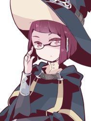 Rule 34 | 1girl, bridal gauntlets, closed mouth, fire emblem, fire emblem awakening, glasses, hat, leather, looking at viewer, medium hair, miriel (fire emblem), nintendo, nozomu o, red eyes, red hair, solo, turtleneck, upper body, witch hat