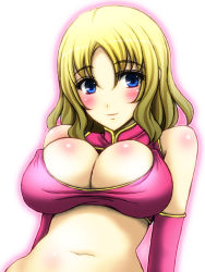 Rule 34 | 1girl, bare shoulders, blonde hair, blue eyes, blush, breasts, bursting breasts, cleavage, cleavage cutout, clothing cutout, elbow gloves, covered erect nipples, gloves, large breasts, medium hair, midriff, navel, original, smile, solo, wakame