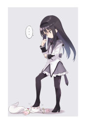 Rule 34 | ..., 1girl, :3, absurdres, akemi homura, azuuru, black hair, black hairband, black pantyhose, closed mouth, expressionless, frilled skirt, frills, grey background, grey skirt, hairband, high heels, highres, jitome, kyubey, long hair, looking down, magical girl, mahou shoujo madoka magica, mahou shoujo madoka magica (anime), neck ribbon, pantyhose, red eyes, ribbon, shadow, sidelocks, simple background, skirt, solid oval eyes, speech bubble, stepped on, thumbs up, trample