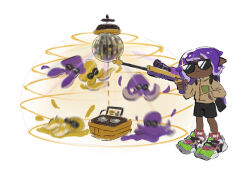 Rule 34 | black shorts, brown jacket, closed mouth, dancing, dark-skinned female, dark skin, disco ball, frown, glint, gun, hand in pocket, holding, holding gun, holding weapon, humanlynn, inkling, inkling player character, jacket, nintendo, octoling, octoling player character, purple hair, record, shoes, short hair, shorts, simple background, sneakers, splat charger (splatoon), splatoon (series), sunglasses, tentacle hair, weapon, white background