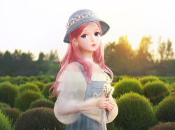 Rule 34 | 1girl, blue eyes, blurry, blurry background, bush, chinese commentary, choker, clear sky, commentary request, dawn, earrings, european clothes, flower, holding, holding flower, jewelry, lips, long hair, looking at viewer, nikki (miracle nikki), official art, outdoors, parted lips, pink hair, plant, shining nikki, shirt, skirt, sky, sun, sunlight, suspender skirt, suspenders, teeth, tree, white shirt