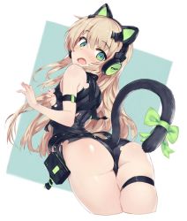 Rule 34 | 1girl, animal ears, ass, bare shoulders, blush, breasts, cat tail, clothing cutout, covering privates, covering breasts, cropped legs, fake animal ears, from behind, girls&#039; frontline, green eyes, headphones, kylin, light brown hair, long hair, open mouth, pouch, skindentation, small breasts, solo, tail, tail through clothes, thigh strap, tmp (girls&#039; frontline), torn clothes, white background