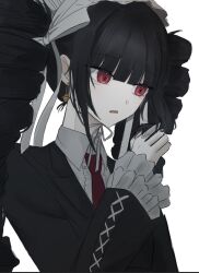 Rule 34 | 1girl, black hair, black jacket, celestia ludenberg, center frills, collared shirt, d:, danganronpa: trigger happy havoc, danganronpa (series), drill hair, earrings, frills, hand up, highres, jacket, jewelry, long hair, long sleeves, necktie, open mouth, red eyes, red necktie, ron (osxika), shirt, simple background, solo, twin drills, twintails, upper body, white background, white shirt