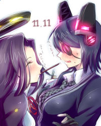 Rule 34 | 10s, 2girls, bad id, bad pixiv id, blue hair, blush, checkered clothes, checkered necktie, checkered neckwear, closed eyes, eyepatch, fingerless gloves, food, gloves, halo, headgear, highres, kantai collection, mechanical halo, mouth hold, multiple girls, natano hisanori, necktie, open mouth, personification, pocky, purple hair, ribbon, short hair, sweatdrop, tatsuta (kancolle), tenryuu (kancolle), translated, wavy mouth