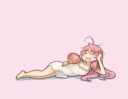 Rule 34 | 1girl, ahoge, akashi (kancolle), barefoot, commentary request, dress, closed eyes, full body, hand fan, kantai collection, long hair, lying, nightgown, on side, open mouth, paper fan, pink background, pink hair, saiguchi otoufu, simple background, sleeveless, sleeveless dress, solo, uchiwa, white dress