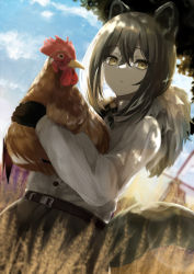 Rule 34 | 1girl, absurdres, animal, animal ears, arknights, bird, black gloves, black hair, black pants, blue sky, blurry, blurry background, brown eyes, chicken, cloud, commentary request, commission, day, depth of field, gloves, hair between eyes, highres, holding, holding animal, long hair, long sleeves, looking at viewer, outdoors, pants, puffy long sleeves, puffy sleeves, robin (arknights), shirt, skeb commission, sky, solo, tail, urabesunahito, white shirt