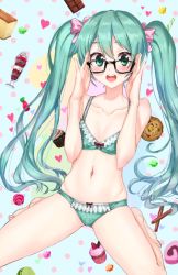 Rule 34 | 1girl, athenawyrm, bespectacled, blush, bow, bra, food, glasses, green bra, green eyes, green hair, green panties, hair bow, hatsune miku, long hair, looking at viewer, navel, open mouth, panties, sitting, solo, sweets, twintails, underwear, underwear only, very long hair, vocaloid