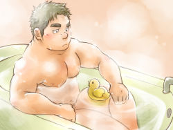 Rule 34 | 1boy, bara, bath, bathing, bathtub, belly, blush, completely nude, fat, fat man, feet out of frame, large pectorals, male focus, male pubic hair, muscular, muscular male, nipples, nude, original, pectorals, pubic hair, raised eyebrow, rubber duck, short hair, sideburns, solo, stomach, suv (suv032), thick eyebrows, thick thighs, thighs, wet